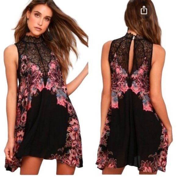 Free People Marsha Black Lace Floral Slip Mini Dress - Picture 2 of 9
